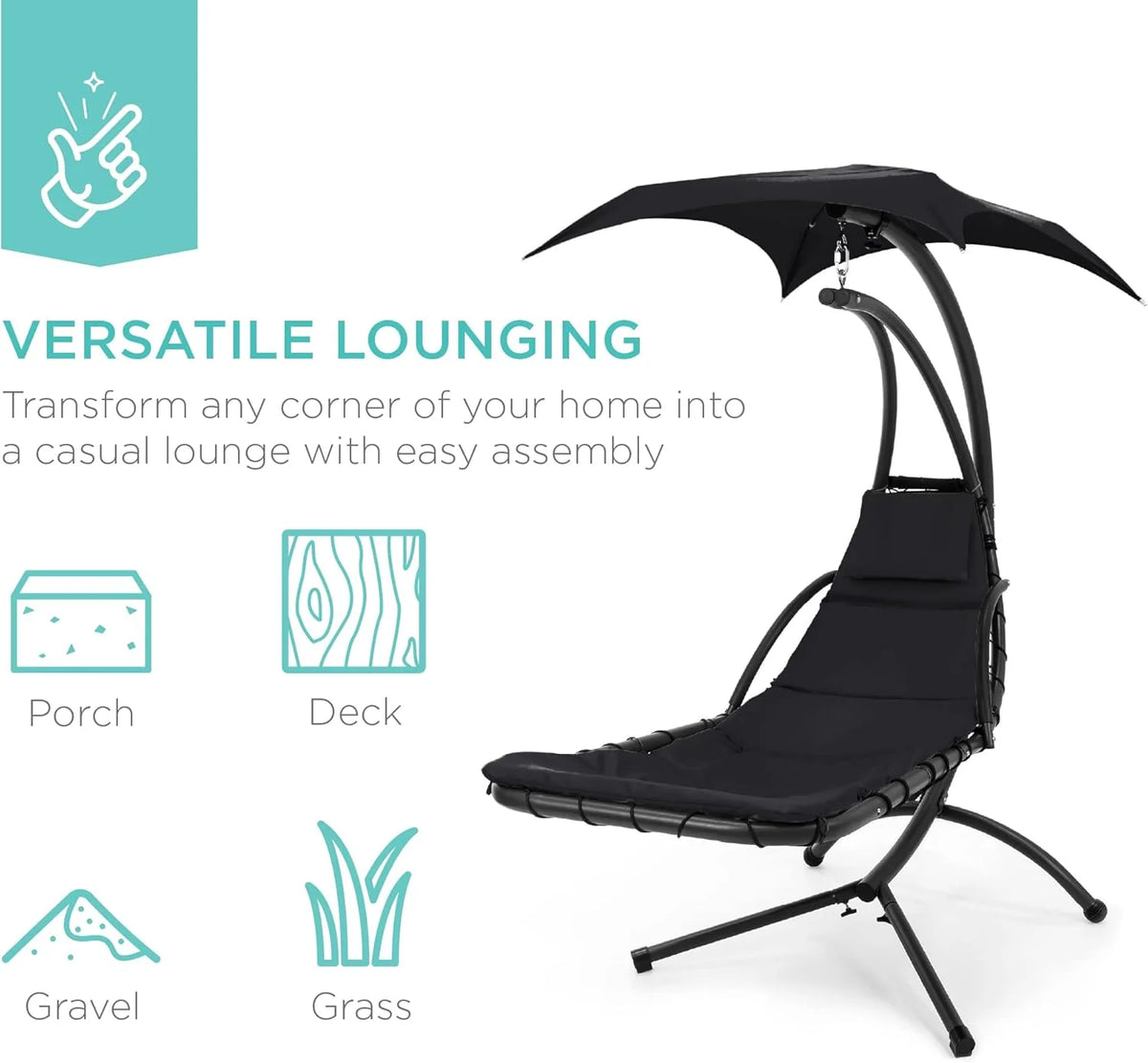 Best Choice Products Outdoor Hanging Curved Steel Chaise Lounge Chair Swing w/Built-in Pillow and Removable Canopy - Charcoal Gray