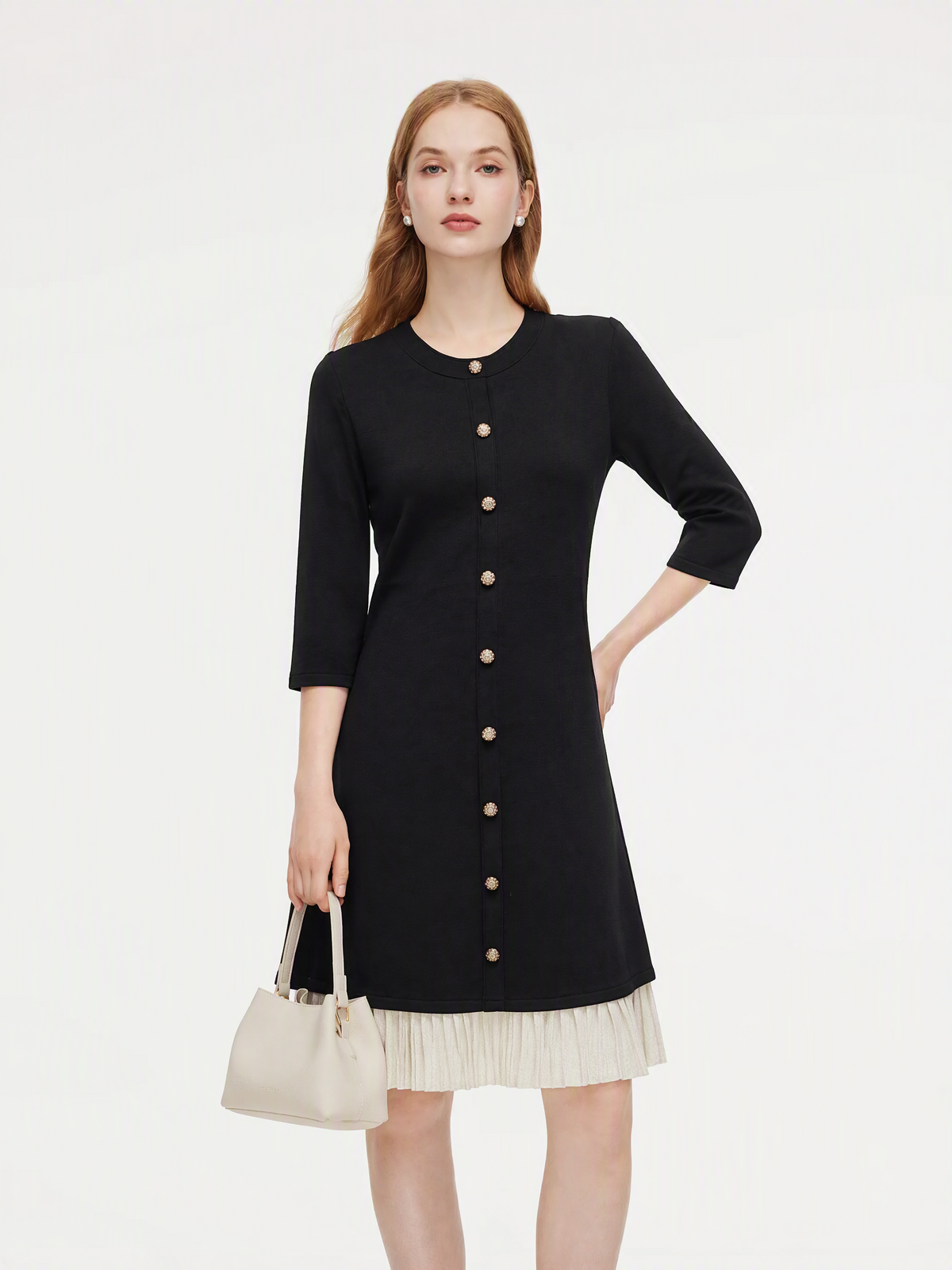 Tencel Blend 3/4 Sleeve Color Block Women Knit Mini Dress