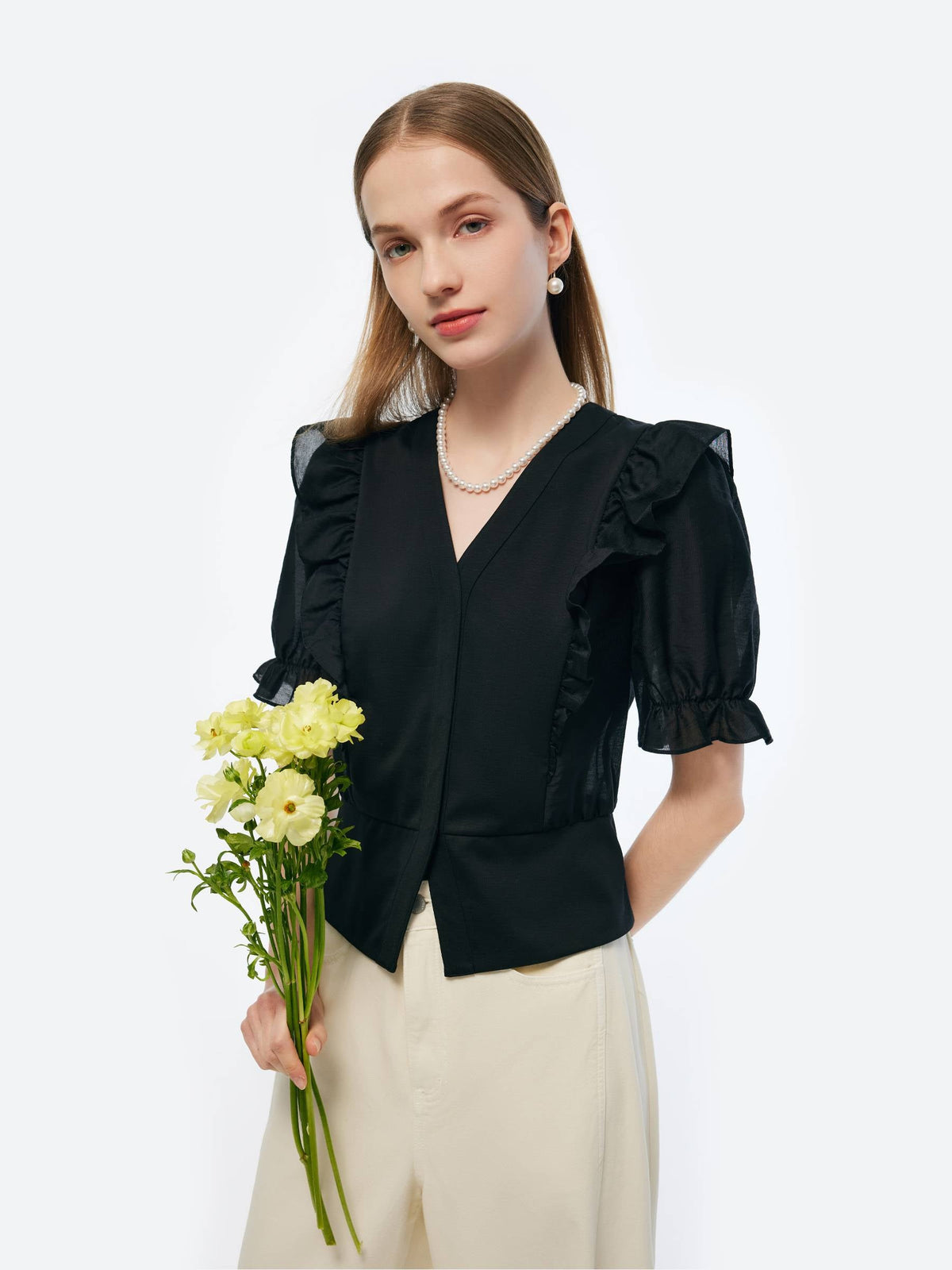 Tencel Blend Puff Sleeve Women Ruffe Patchwork Top