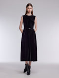 Mulberry Silk Blend Velvet Women Sleeveless Maxi Dress With Belt