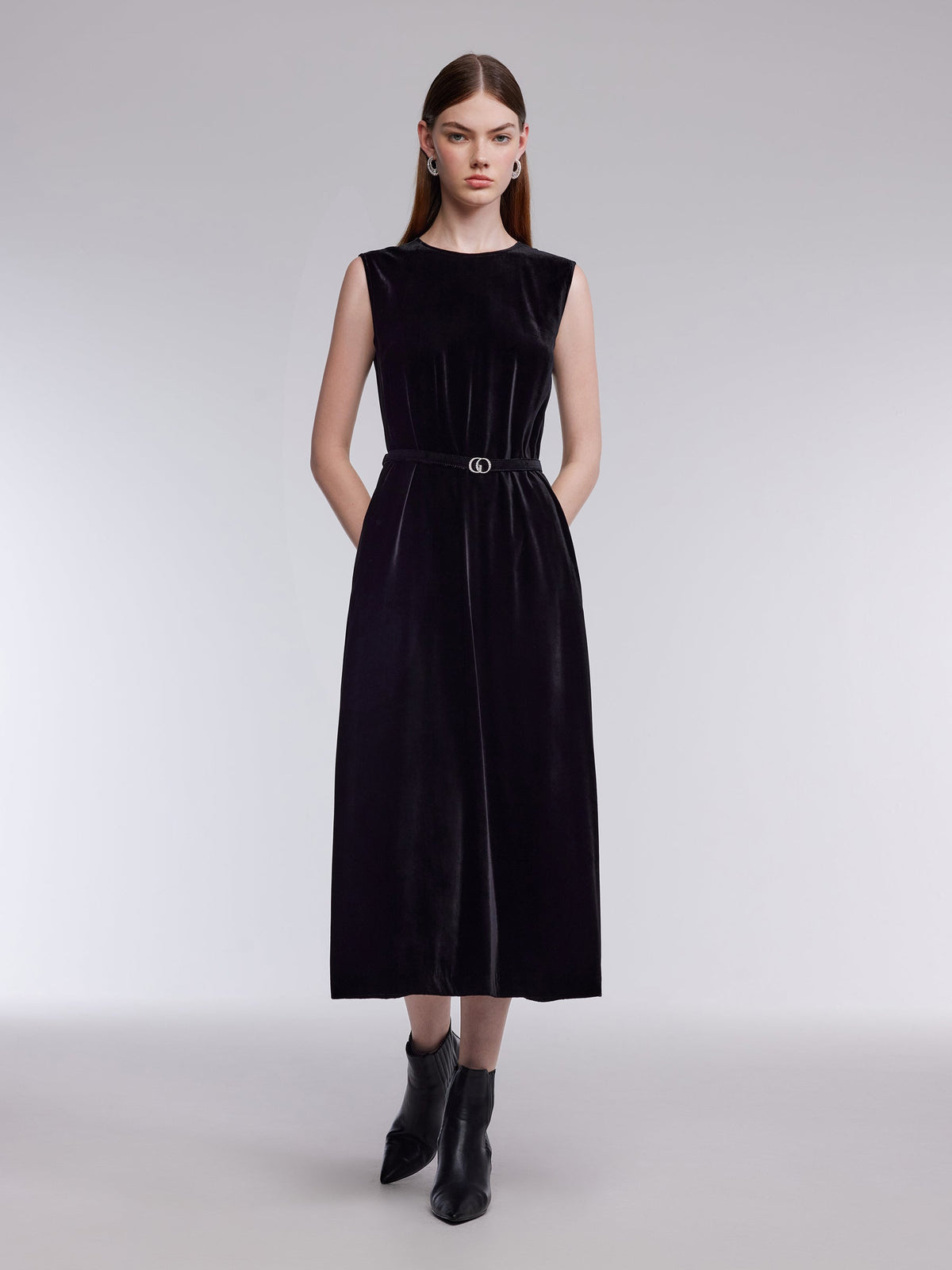 Mulberry Silk Blend Velvet Women Sleeveless Maxi Dress With Belt