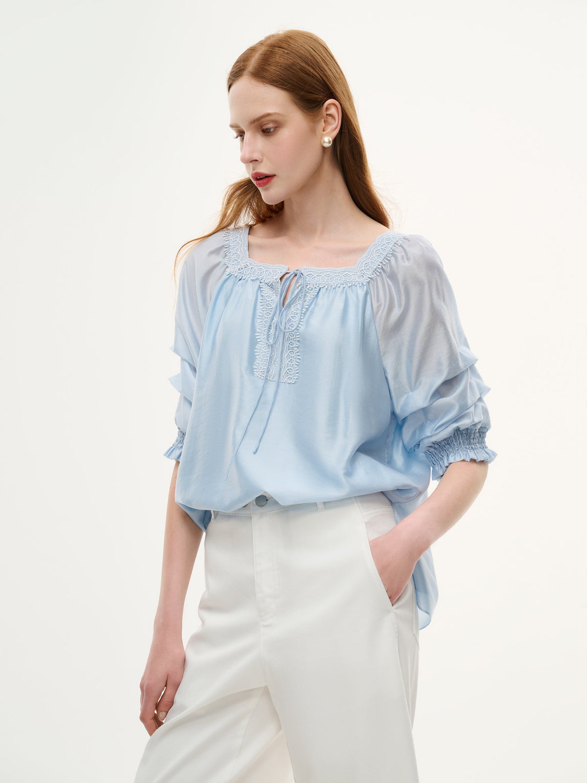 Tencel Blend Embroidered Square Neck Women Blouse