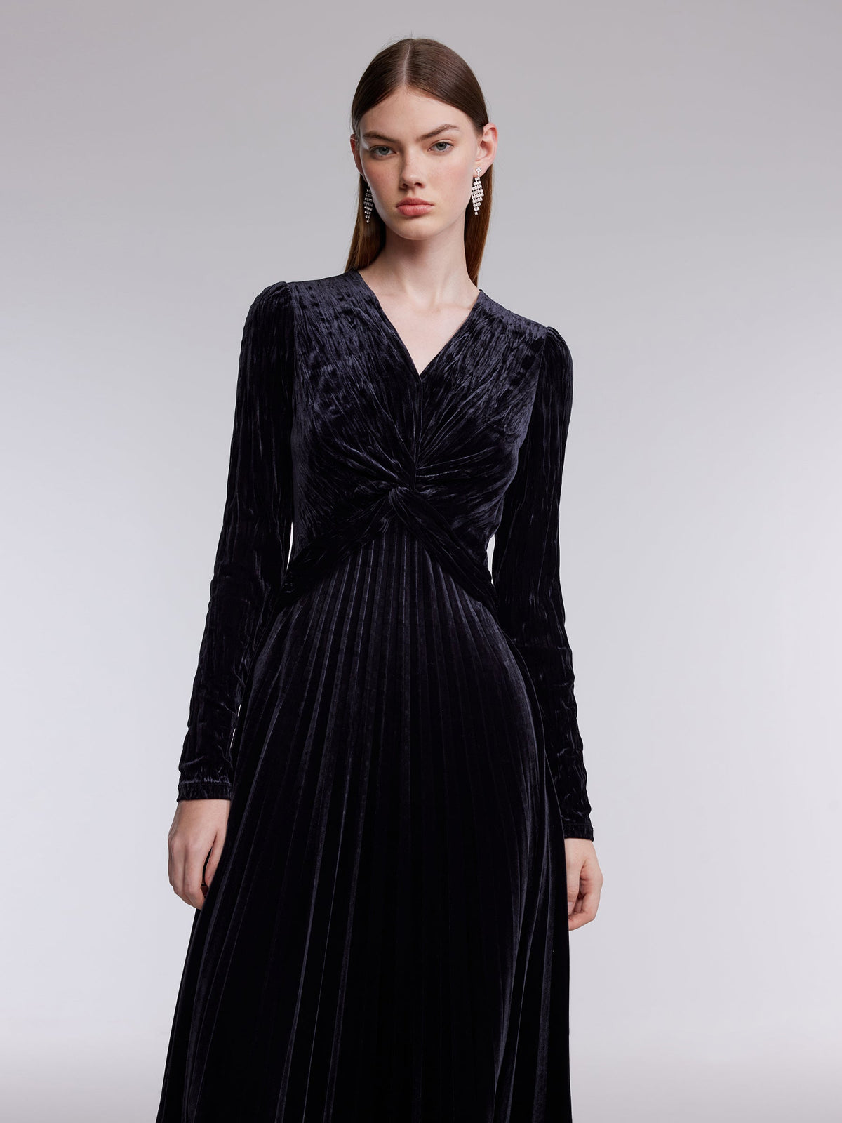 Velvet Twist Front Women V-Neck Pleated Maxi Dress