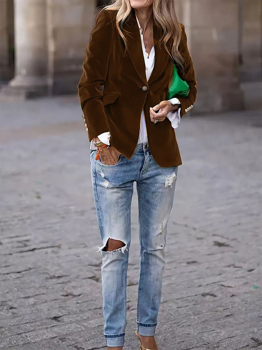Elegant Red Velvet Lapel Collar One Button Long Sleeve Blazer