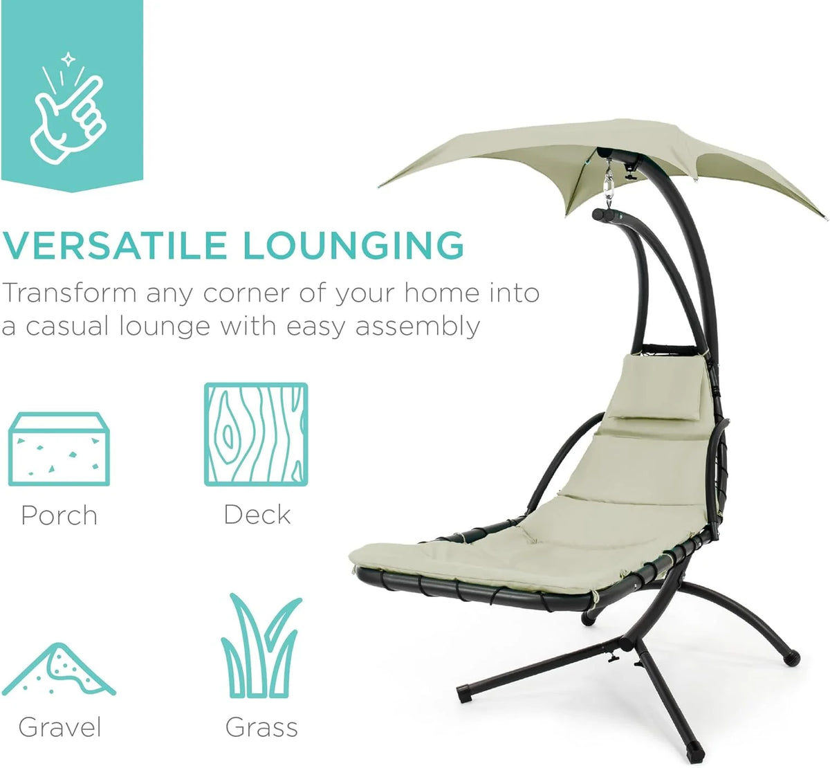 Best Choice Products Outdoor Hanging Curved Steel Chaise Lounge Chair Swing w/Built-in Pillow and Removable Canopy - Charcoal Gray