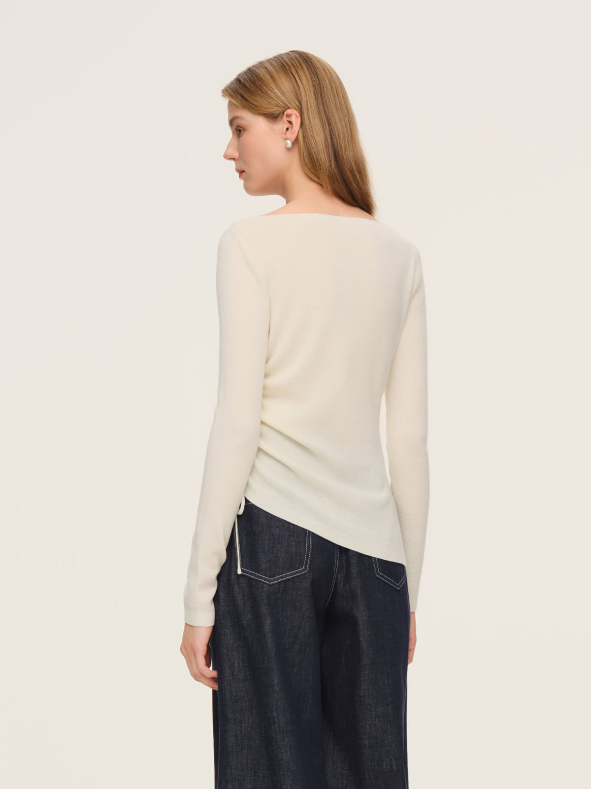Wool Acetate Blend Boat Neck Side Drawstring Women Knit Top