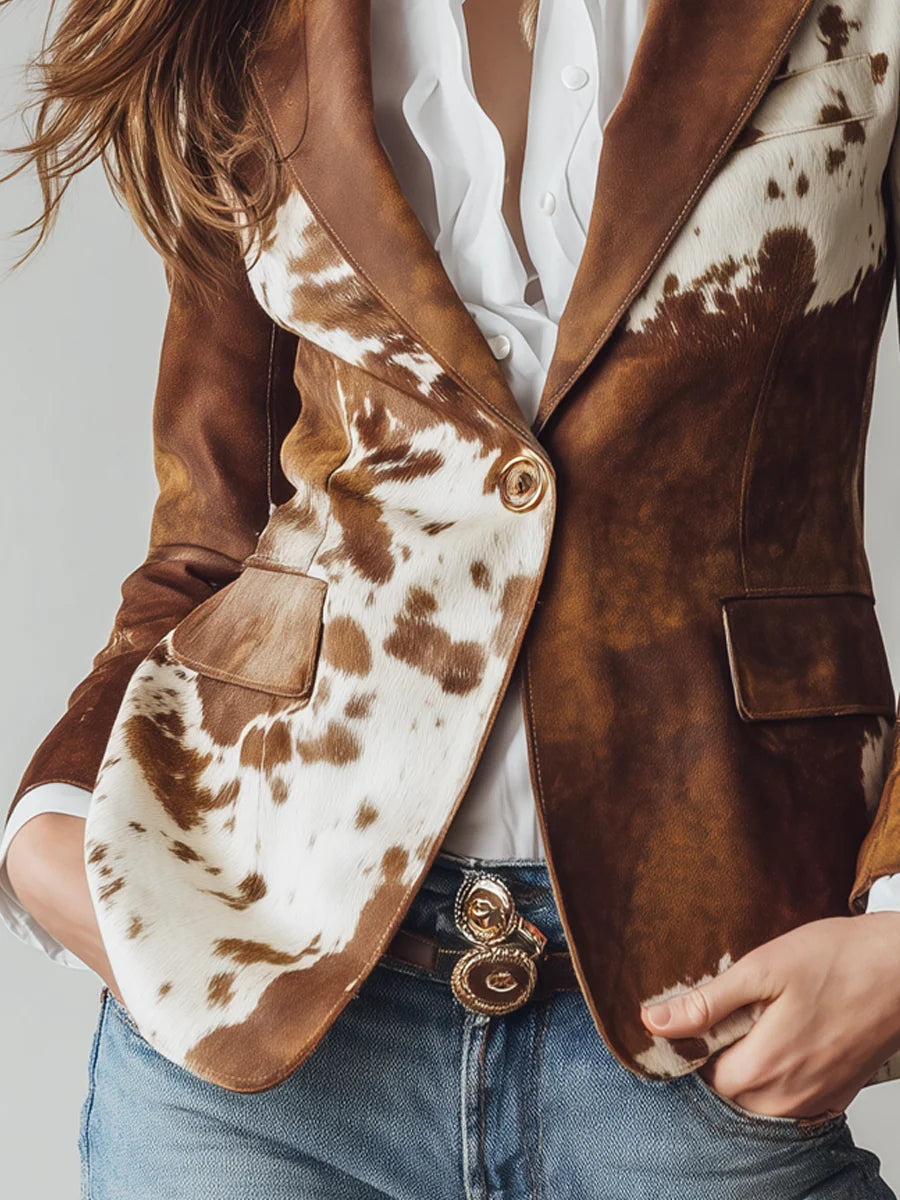Daily Brown Animal Turndown Collar Long Sleeve Pocket Western Button Chamois Blazer