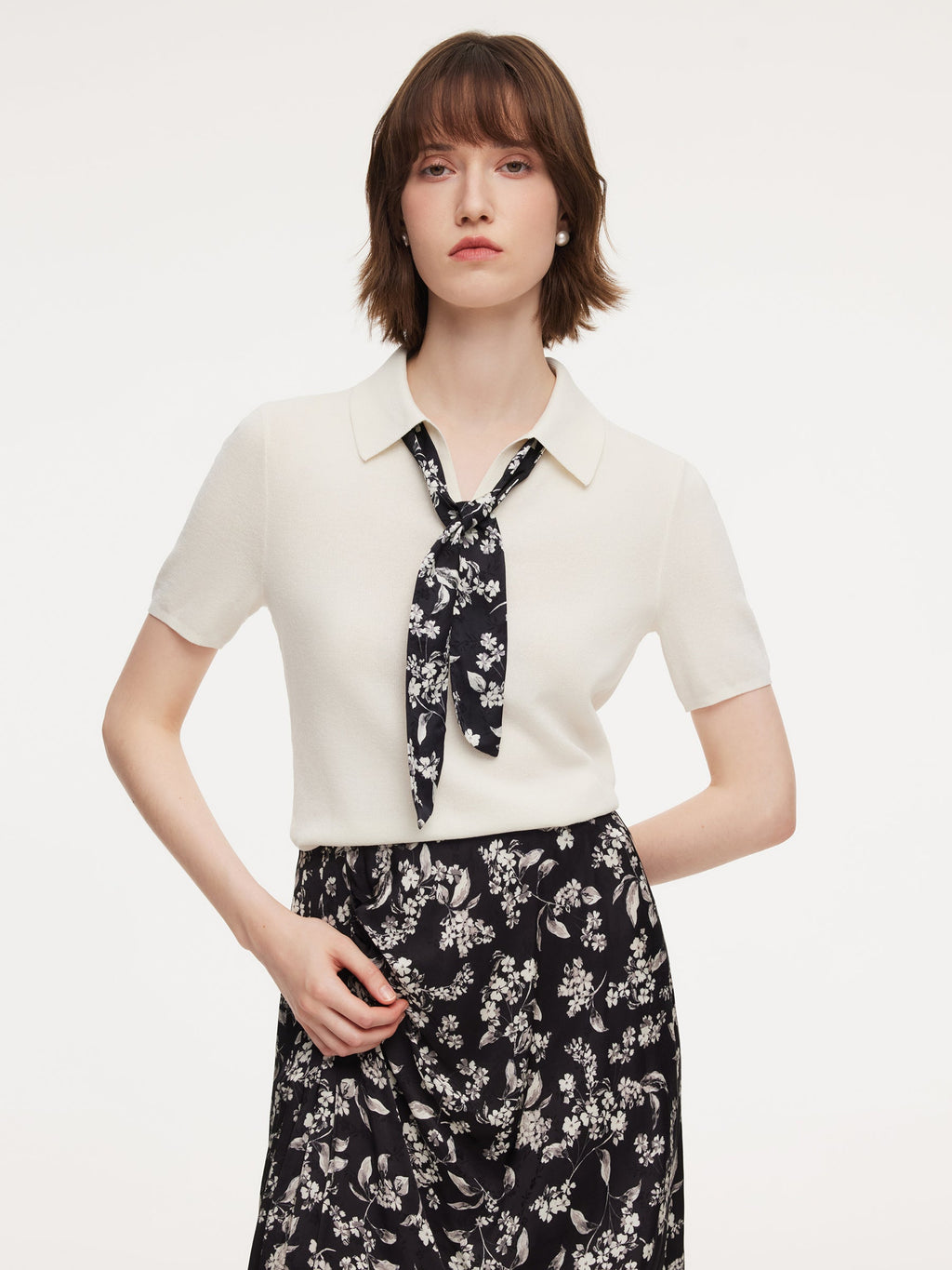 Tencel Blend Women Knit Top With Floral Print Scarf