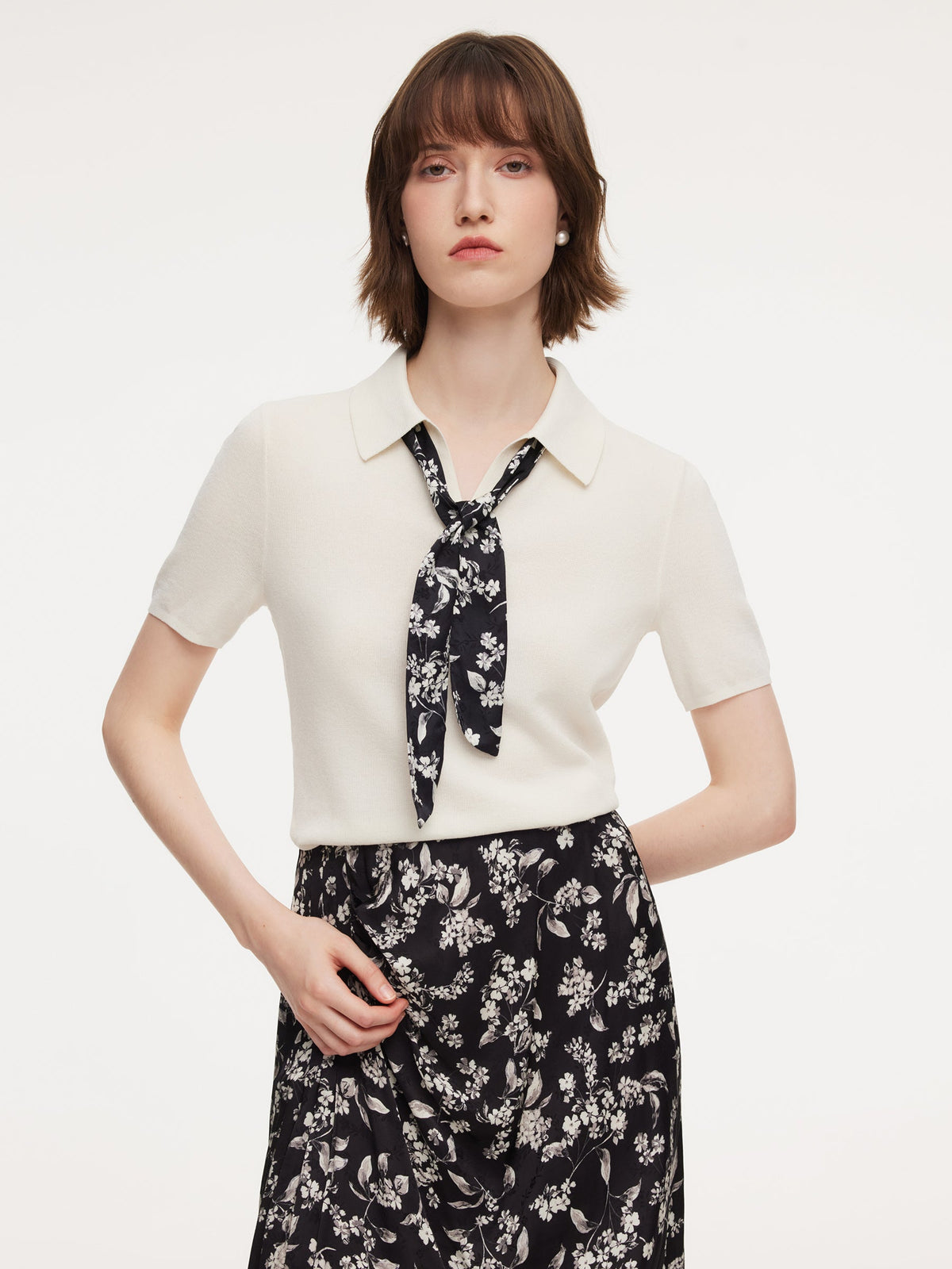 Tencel Blend Women Knit Top With Floral Print Scarf