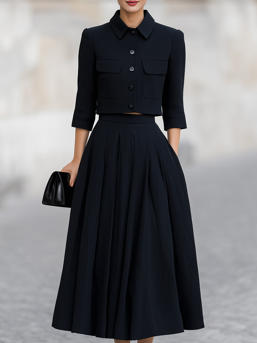 Timeless Black Cropped Blazer & Pleated Midi Skirt Two-Piece Set