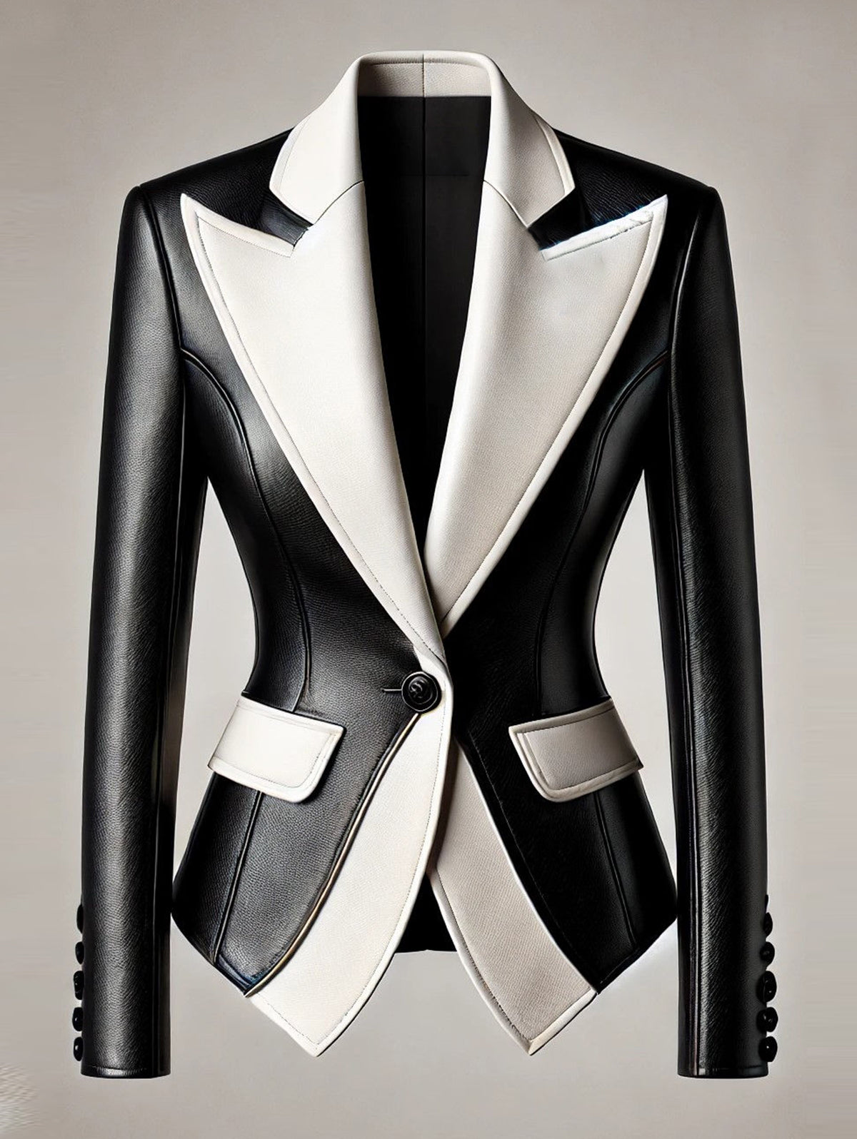 sheenchic Formal Contrast Color Peaked Lapel PU Leather Blazer