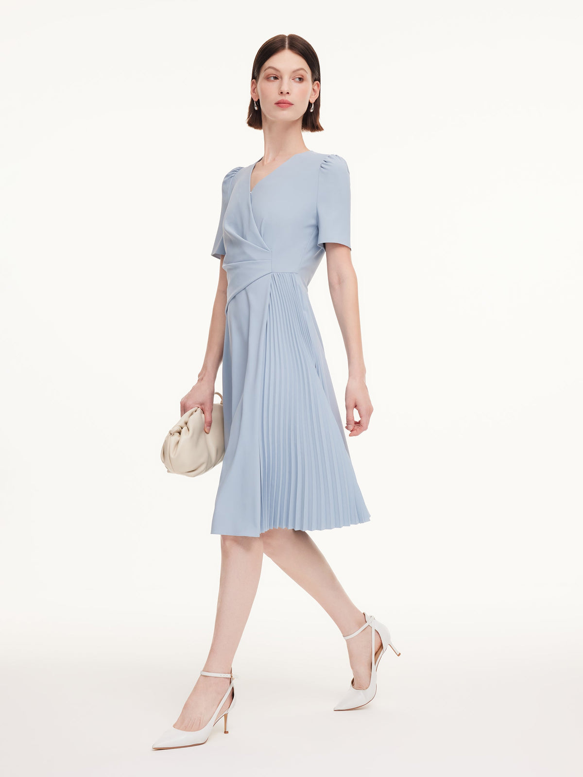 V-Neck Asymmetric Pleated Women Midi Dress