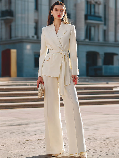 Belted Wrap Blazer & Wide-Leg Tailored Pants Set