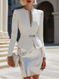 White Embellished Collar Blazer With Silver Sequin Skirt Set