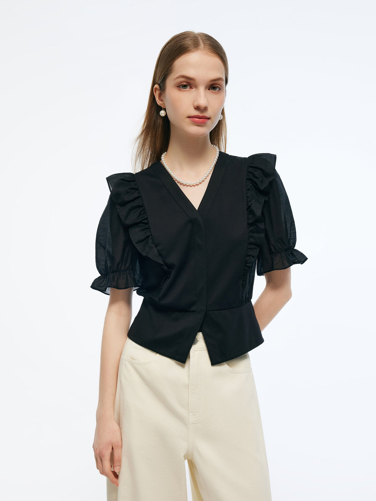 Tencel Blend Puff Sleeve Women Ruffe Patchwork Top