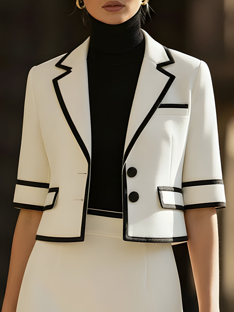 Contrast-Trim Cropped Blazer & Mini Skirt Two-Piece Set