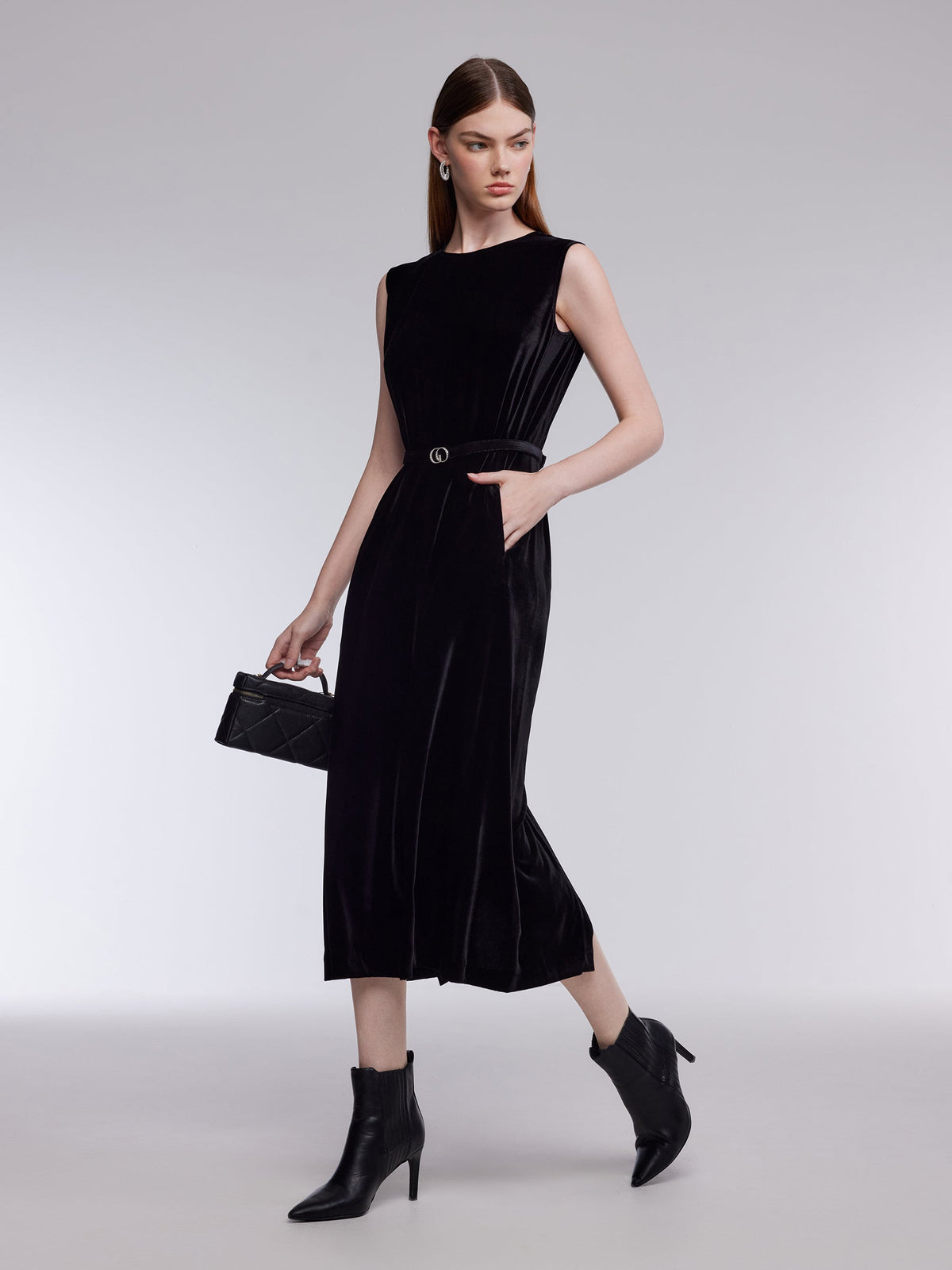 Mulberry Silk Blend Velvet Women Sleeveless Maxi Dress With Belt