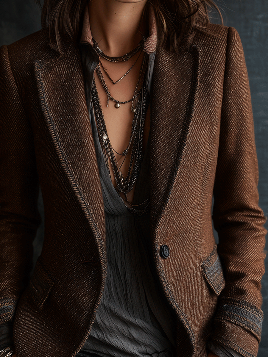 Retro Chic Dark Brown with Contrast Edge Trim Tailored Blazer
