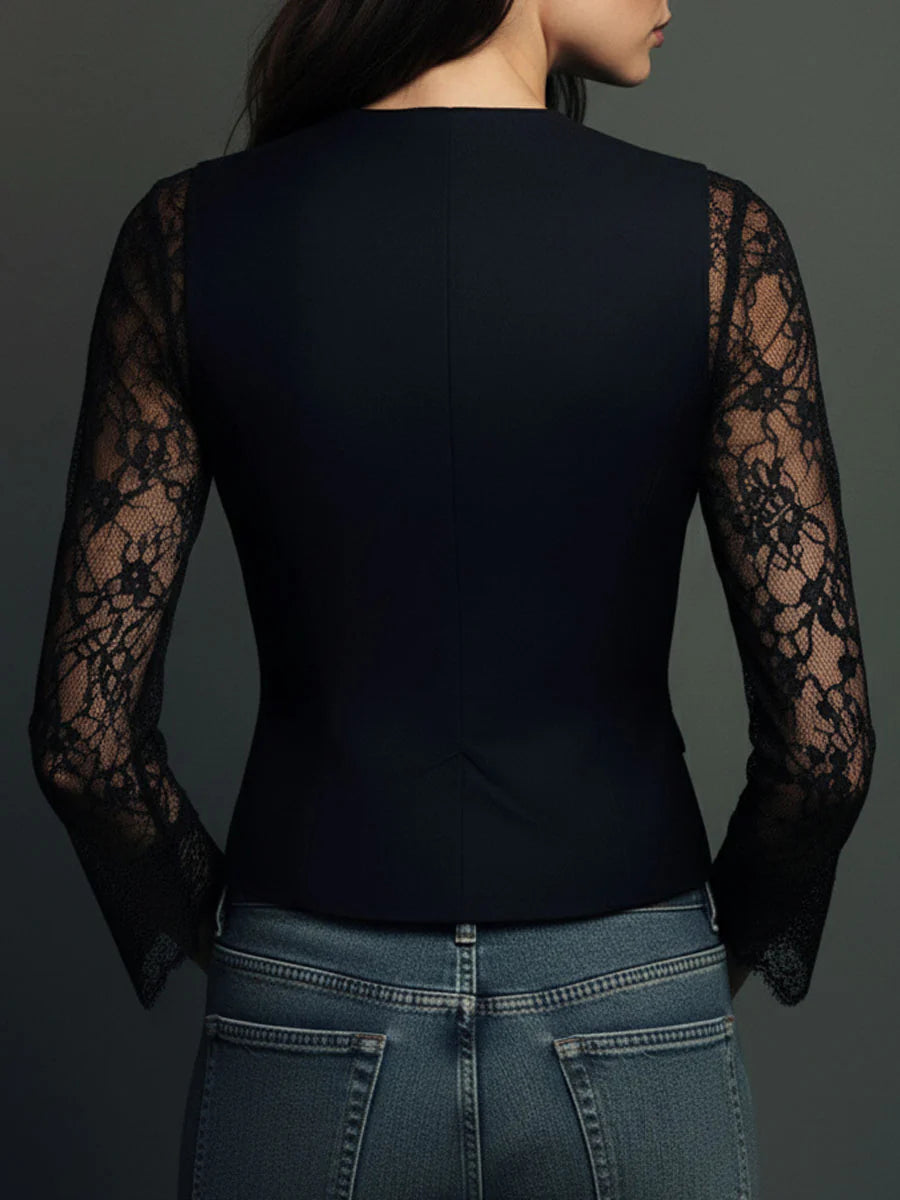 Daily Black V Neck Long Sleeve Pocket Vintage Contrast Lace Blazer