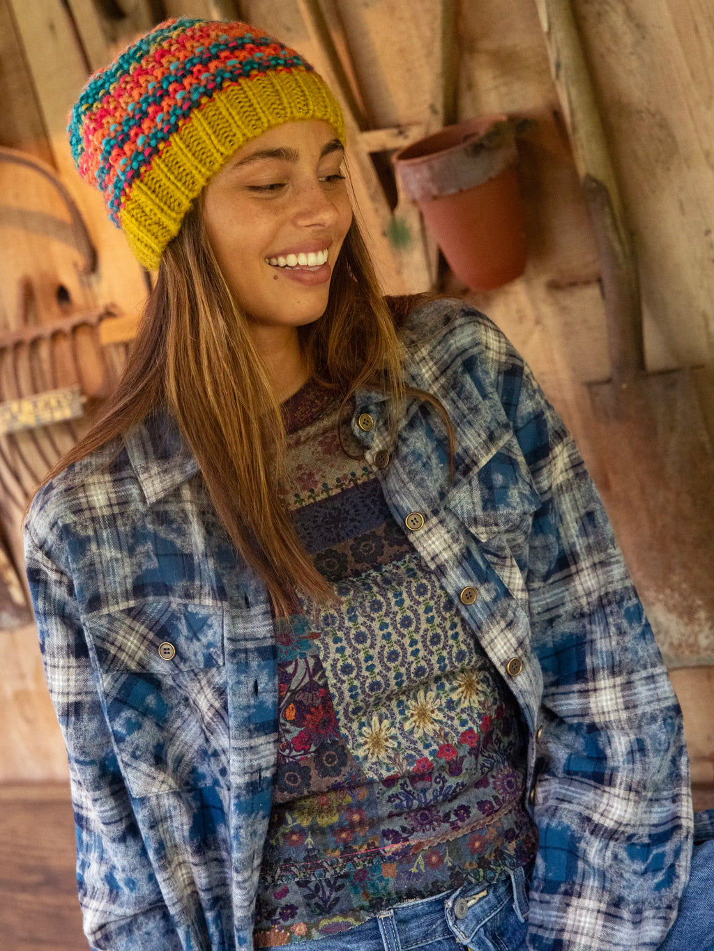 Elle Raglan Thermal Top - Blue Patchwork