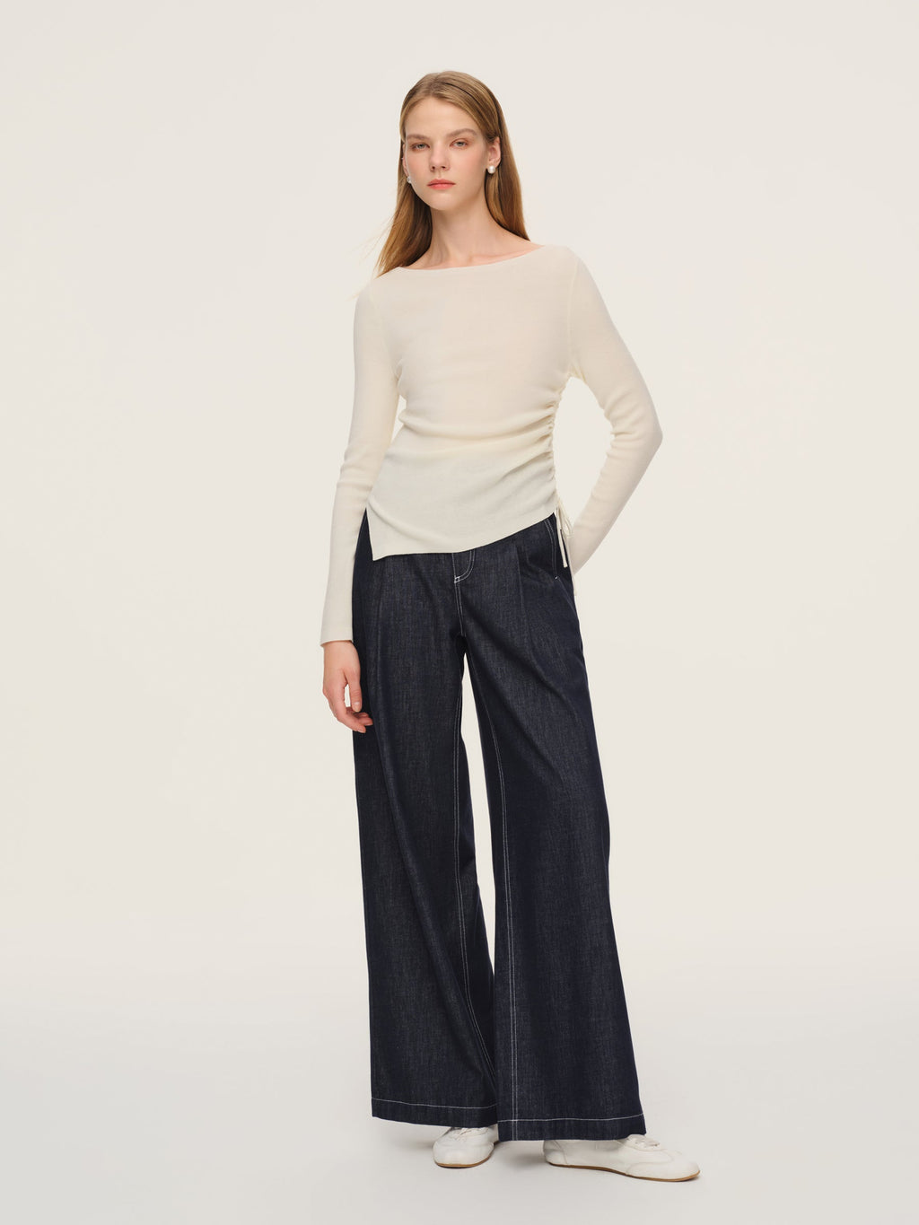 Wool Acetate Blend Boat Neck Side Drawstring Women Knit Top