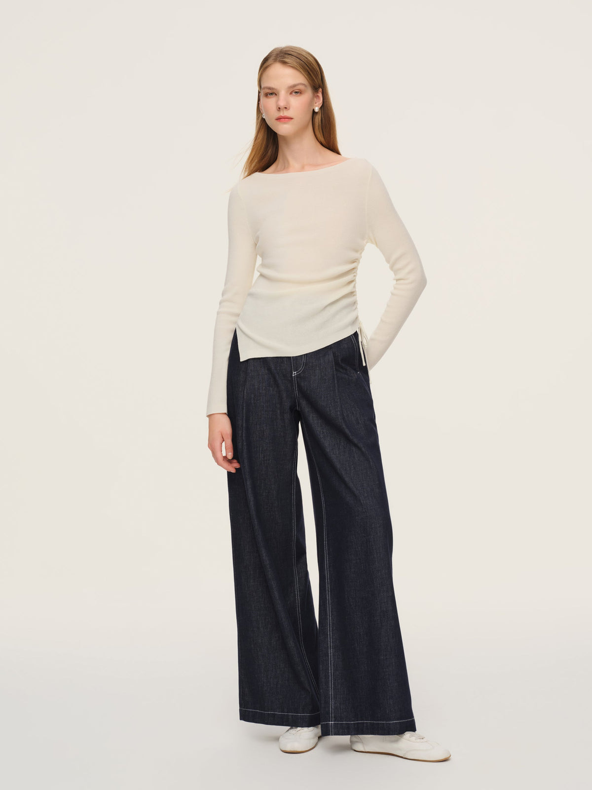 Wool Acetate Blend Boat Neck Side Drawstring Women Knit Top