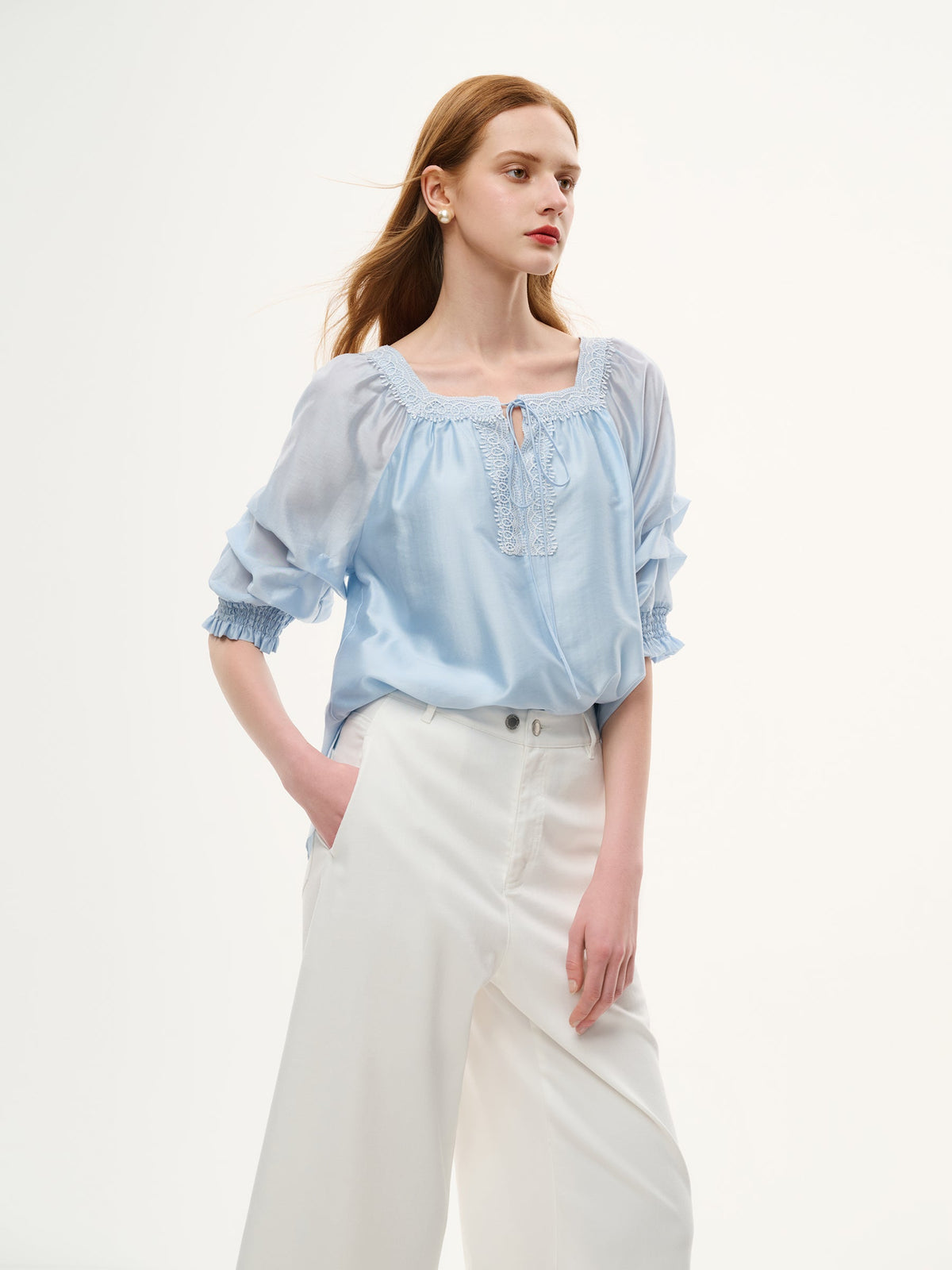 Tencel Blend Embroidered Square Neck Women Blouse