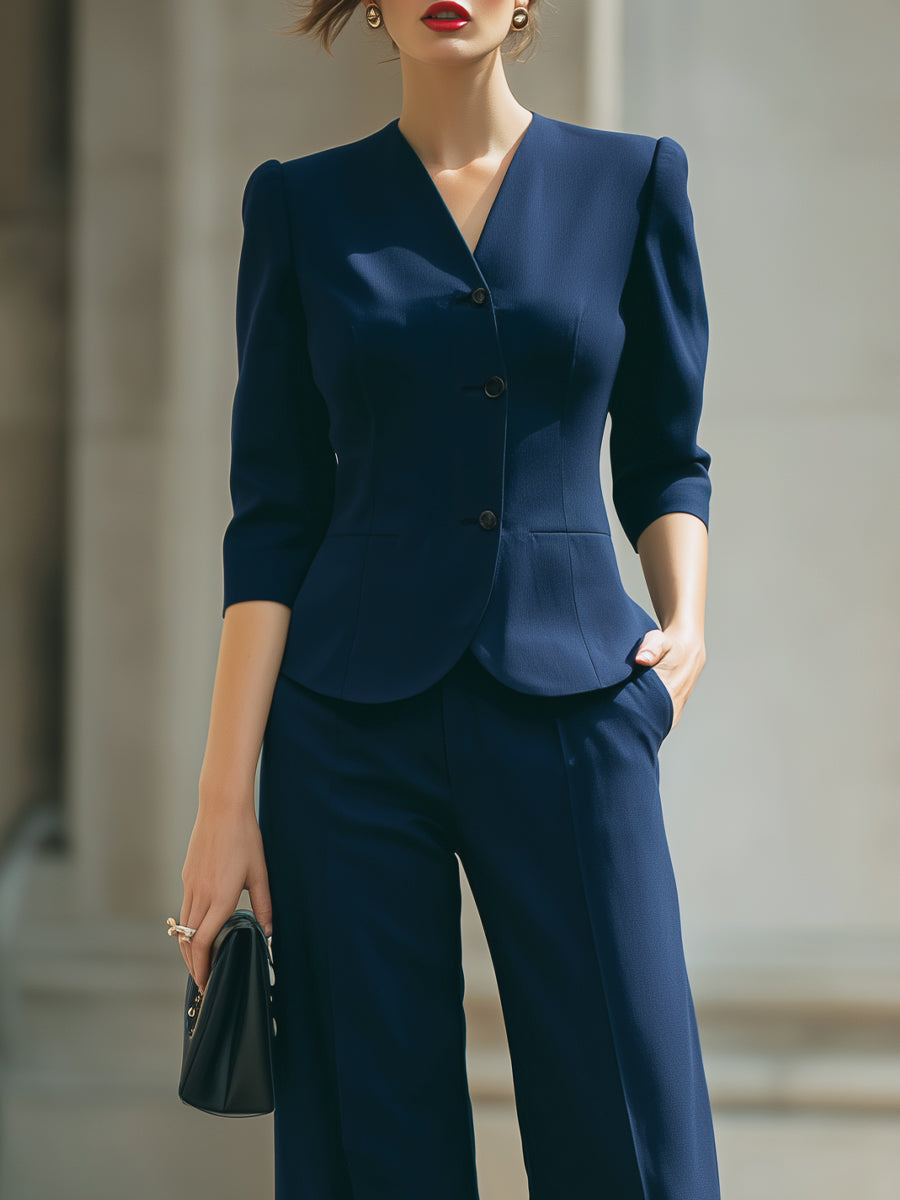 Navy Blue Tailored Blazer & Wide-Leg Pants Suit