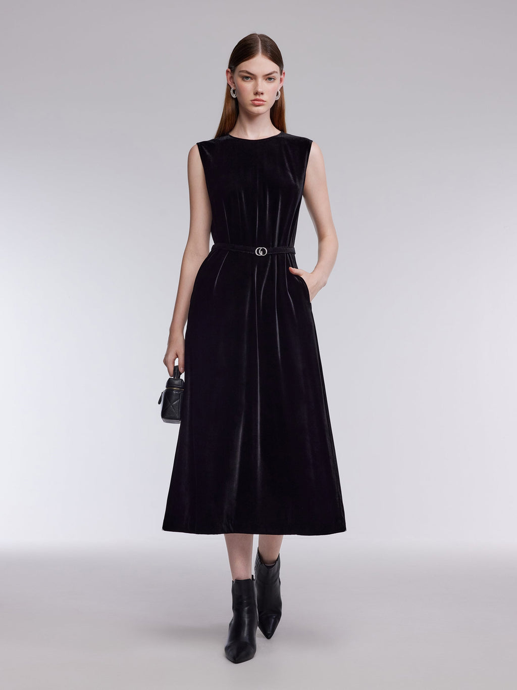 Mulberry Silk Blend Velvet Women Sleeveless Maxi Dress With Belt