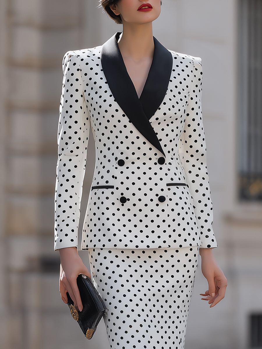 Polka Dot Double-Breasted Blazer & Pencil Skirt Set