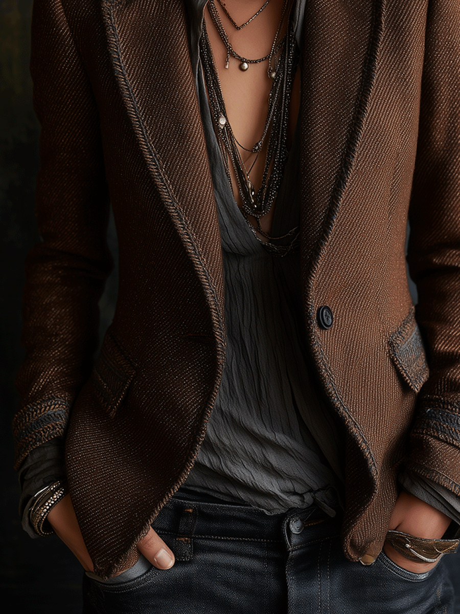 Retro Chic Dark Brown with Contrast Edge Trim Tailored Blazer