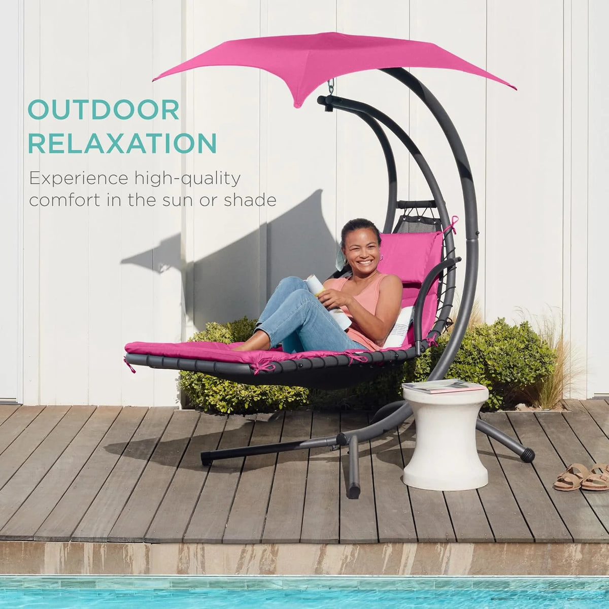 Best Choice Products Outdoor Hanging Curved Steel Chaise Lounge Chair Swing w/Built-in Pillow and Removable Canopy - Charcoal Gray