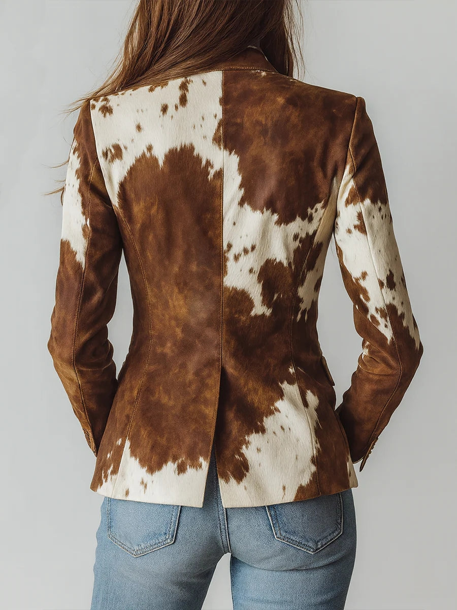 Daily Brown Animal Turndown Collar Long Sleeve Pocket Western Button Chamois Blazer