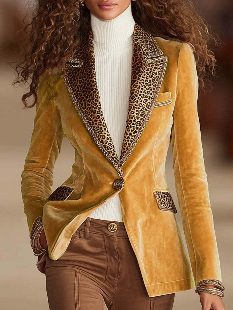 Daily Pink Leopard Turndown Collar Long Sleeve Pocket Casual Contrast Blazer