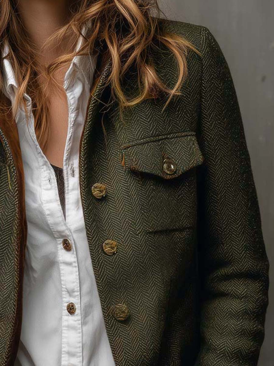 Vintage Herringbone Tweed Blazer With Velvet Trim