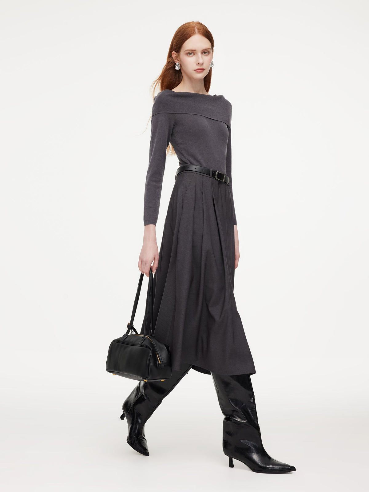 Lyocell Blend Boat Neck Women Mock Layered Maxi Dress With Belt
