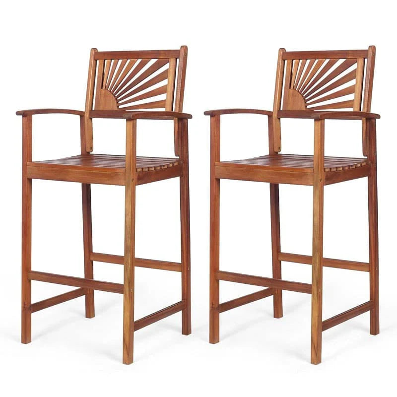 2 Pack Acacia Wood Bar Stools Outdoor Patio Bar Chairs With Sunflower Backrest Amp Curved Armrests - Comfortable And Ergonomic Design