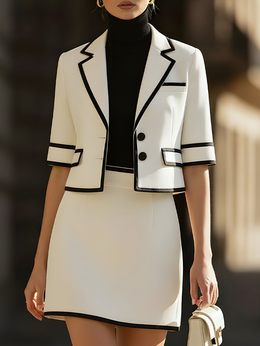 Contrast-Trim Cropped Blazer & Mini Skirt Two-Piece Set