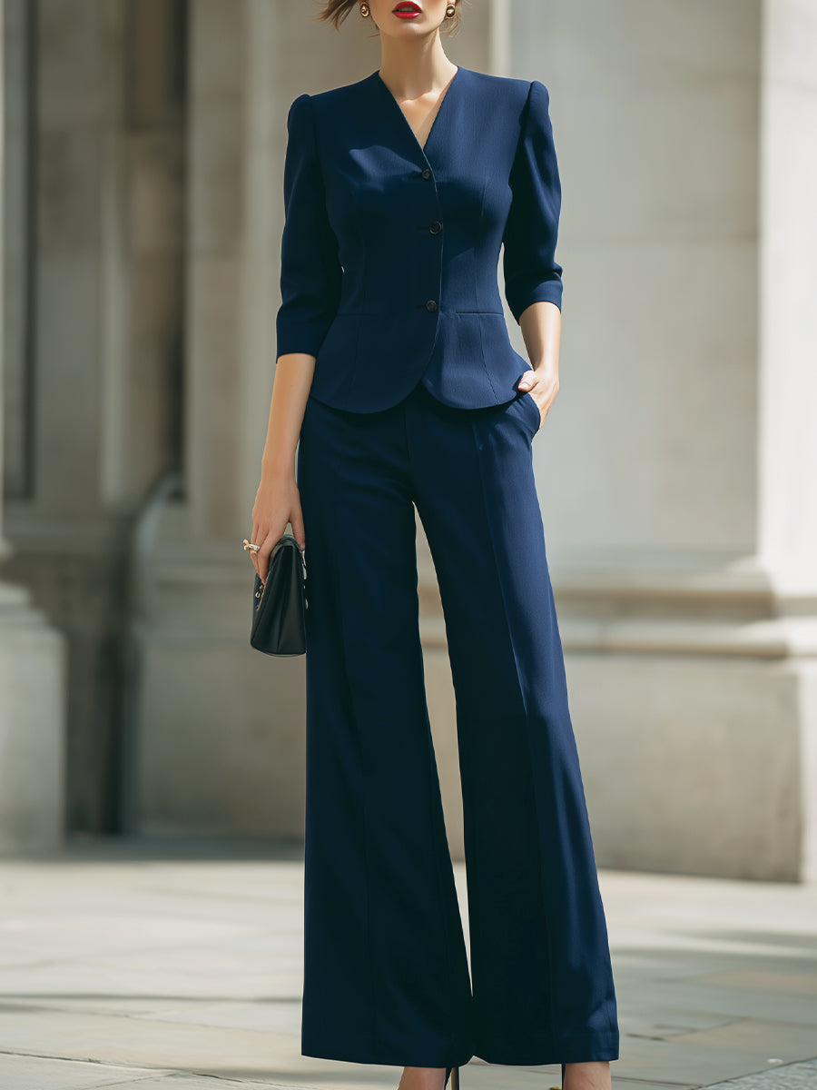Navy Blue Tailored Blazer & Wide-Leg Pants Suit