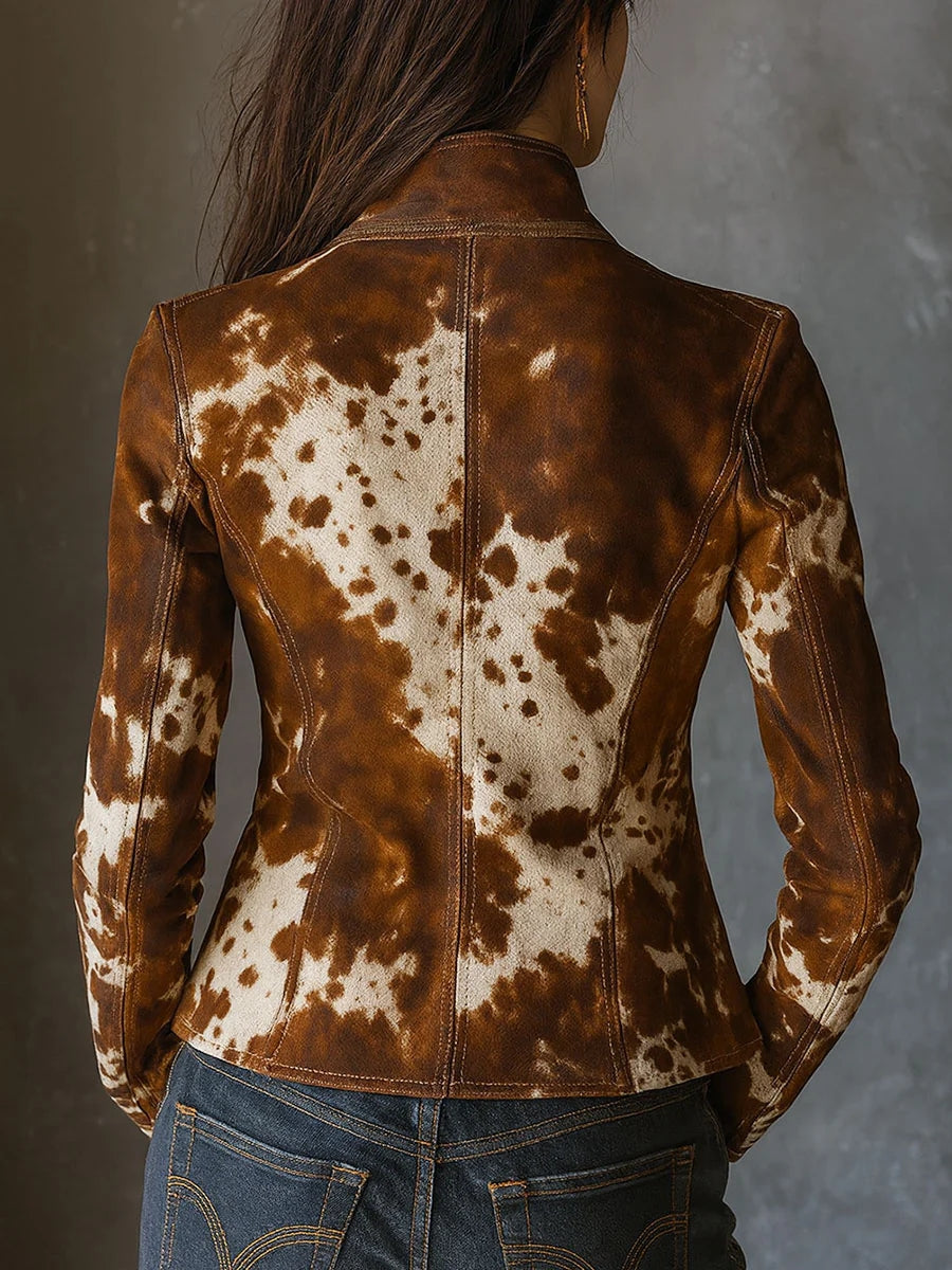 Daily Brown Animal Turndown Collar Long Sleeve Pocket Western Button Chamois Blazer
