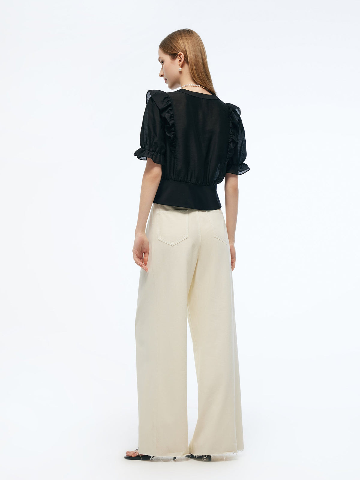 Tencel Blend Puff Sleeve Women Ruffe Patchwork Top