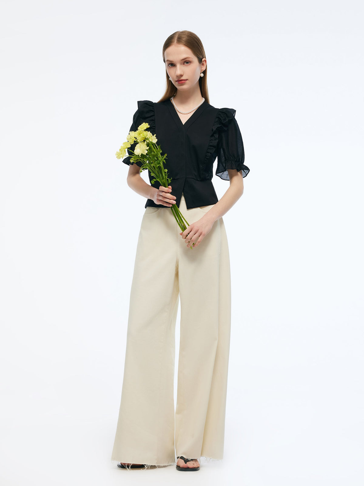 Tencel Blend Puff Sleeve Women Ruffe Patchwork Top