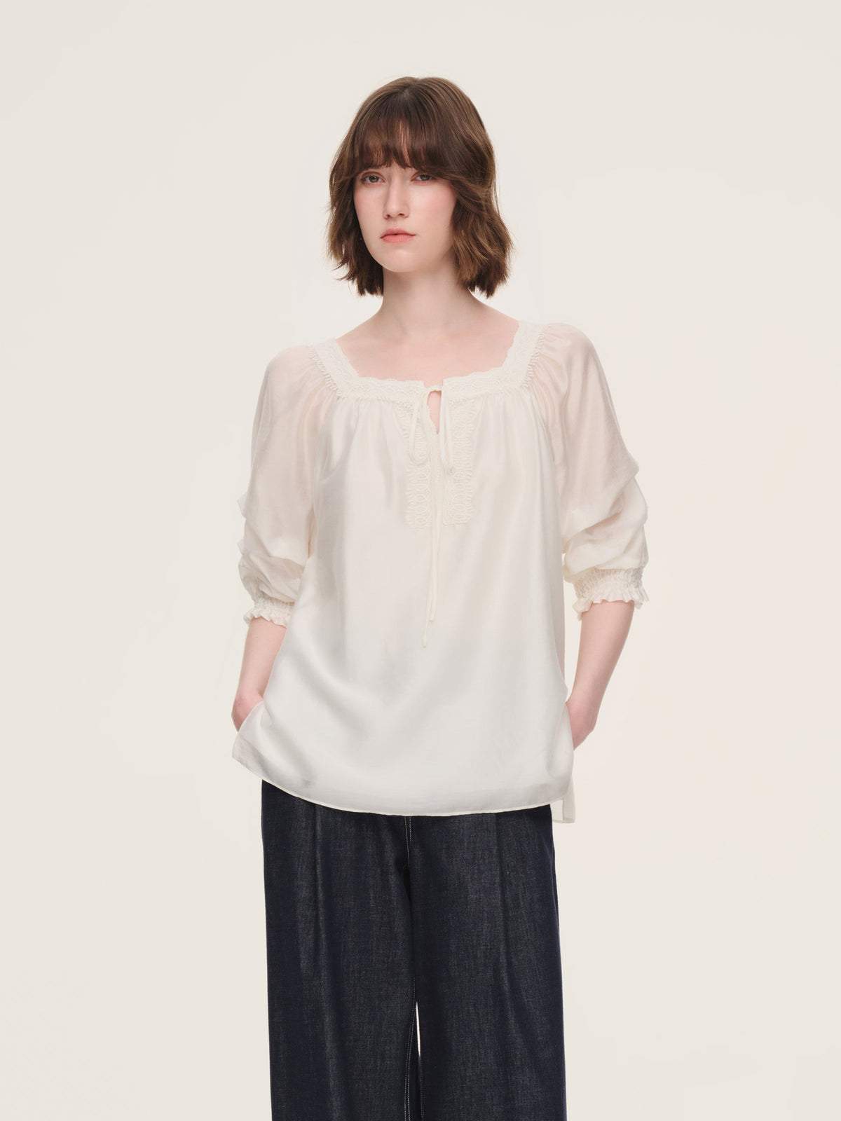 Tencel Blend Embroidered Square Neck Women Blouse