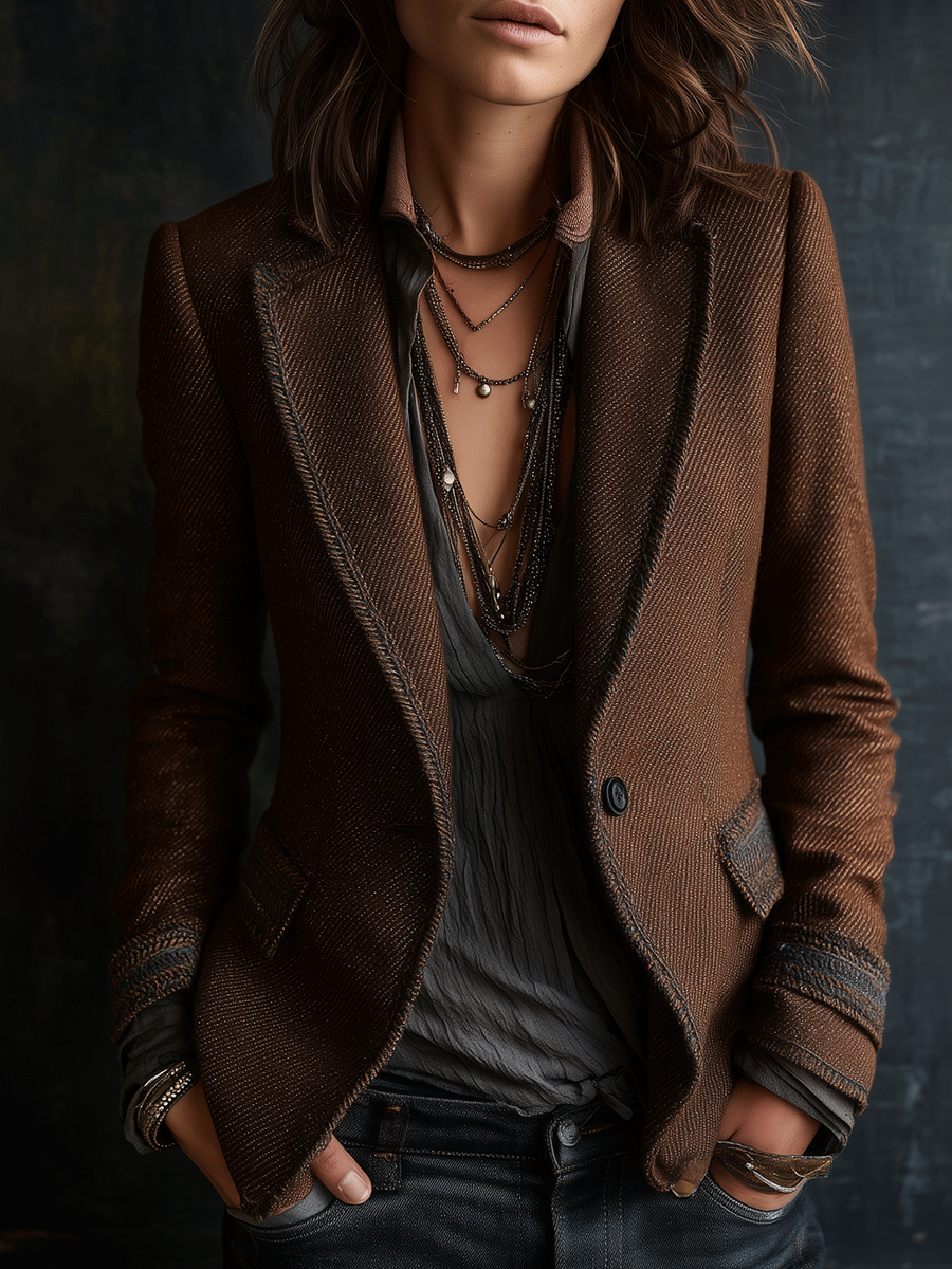 Retro Chic Dark Brown with Contrast Edge Trim Tailored Blazer