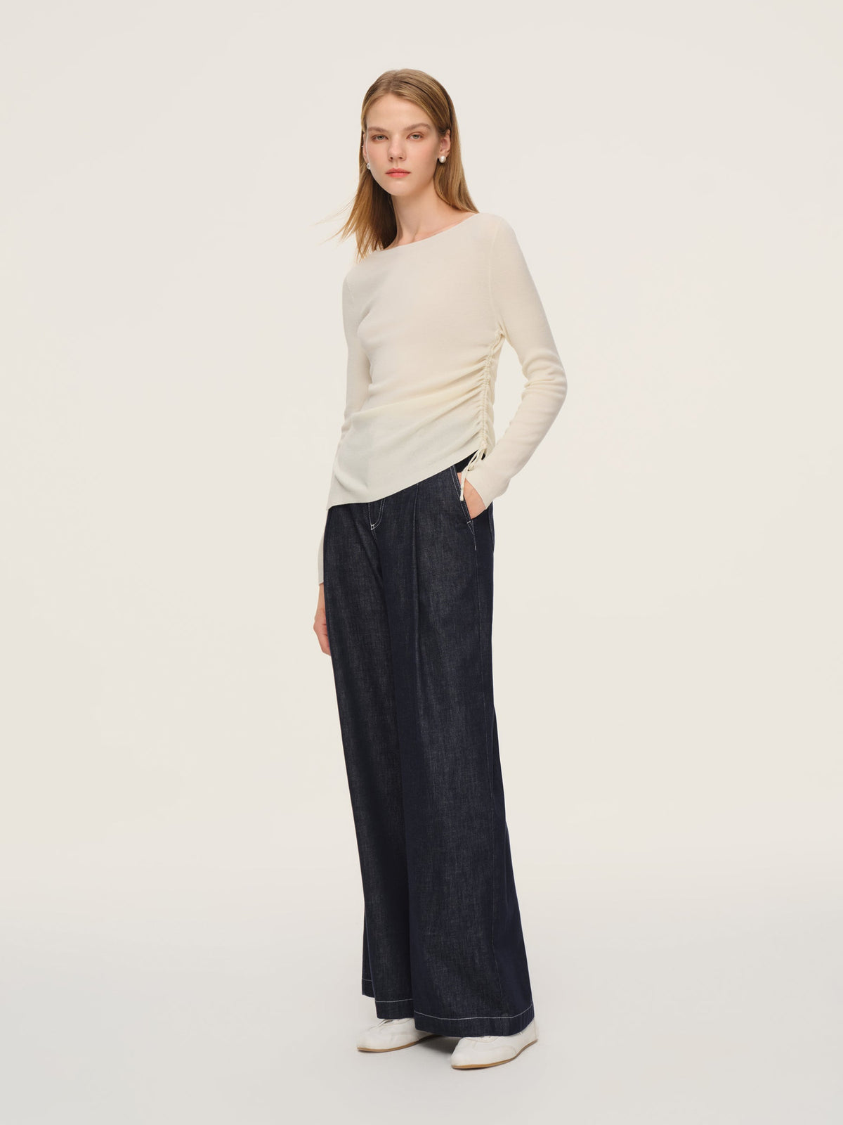 Wool Acetate Blend Boat Neck Side Drawstring Women Knit Top