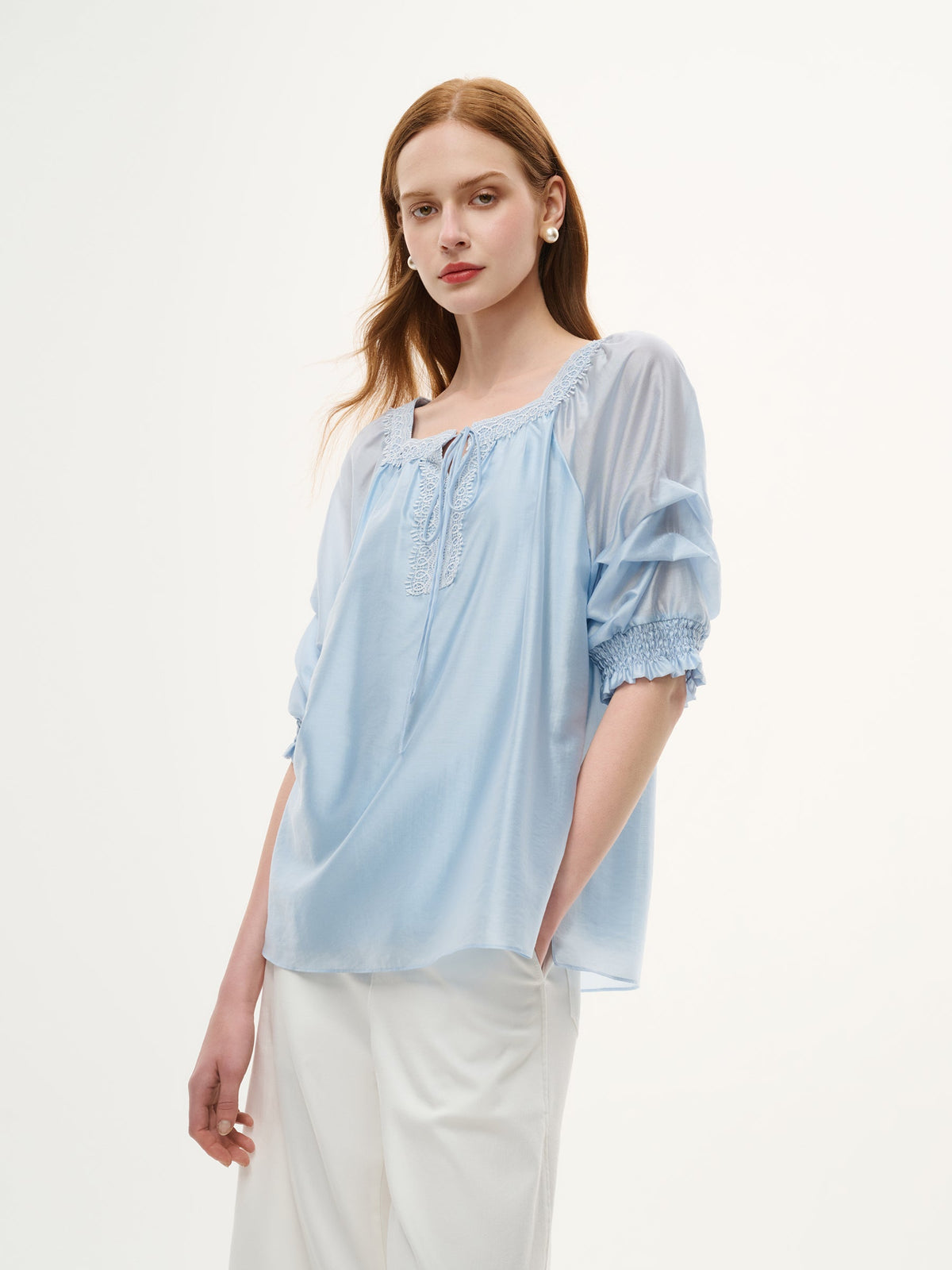 Tencel Blend Embroidered Square Neck Women Blouse