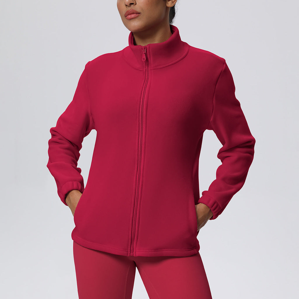 High Collar Warm Fleece Lined Zipped Sports Coat Loose Yoga Clothes Casual All Matching Women