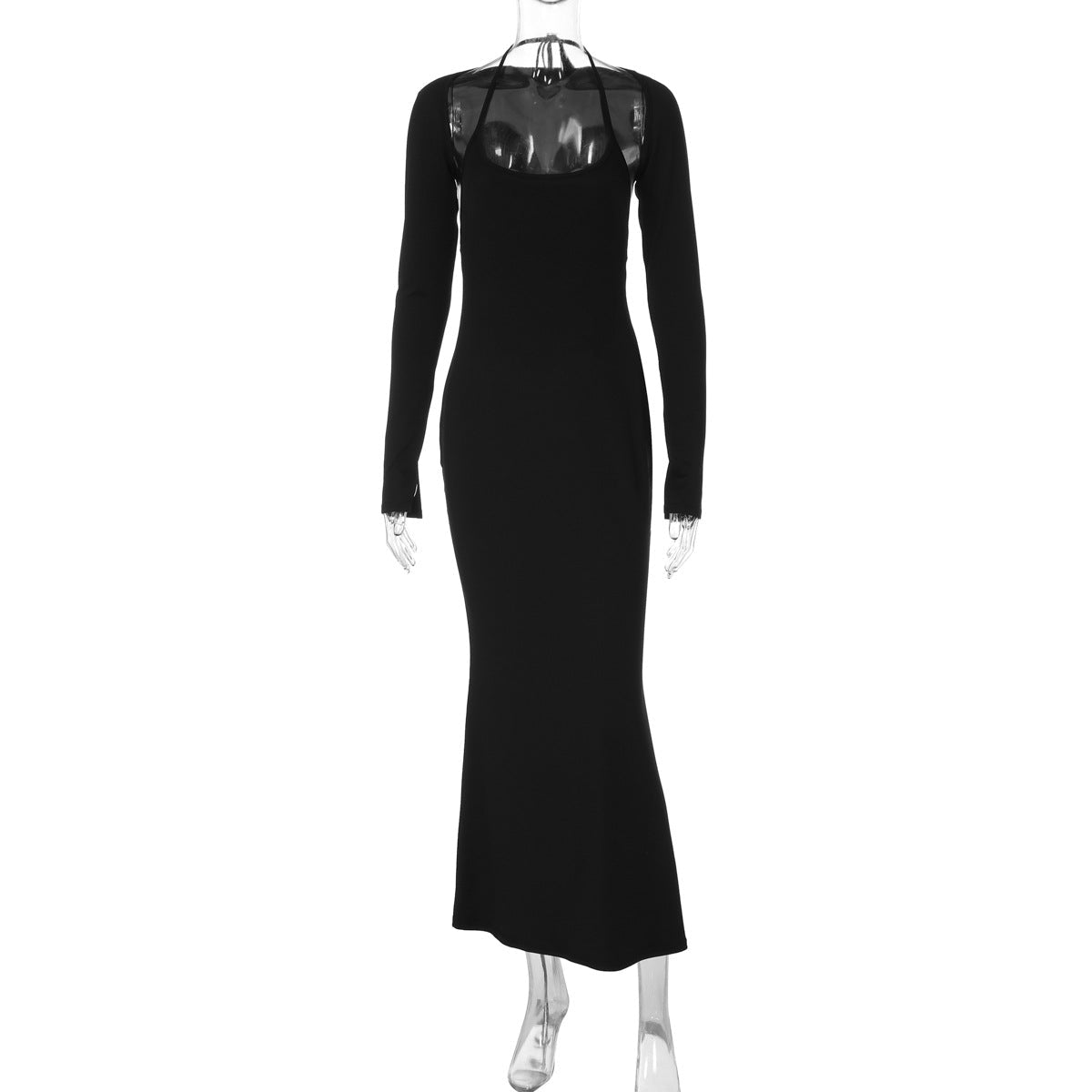 Women Clothing Autumn Sexy U Neck Sling Backless Dress Long Sleeve Waistcoat
