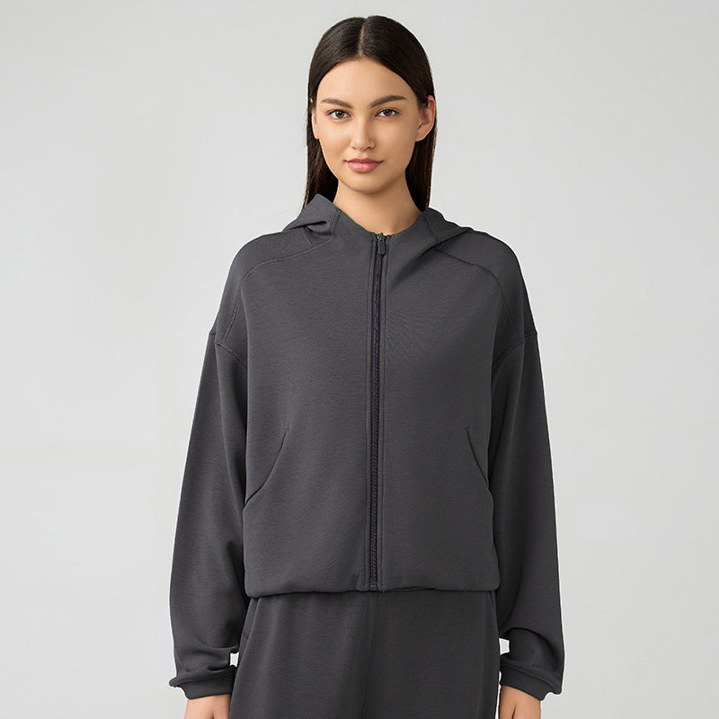 Hooded Zip Cardigan Coat Women Autumn Winter Loose Fitting Casual Pullover Running Fitness Sports Top