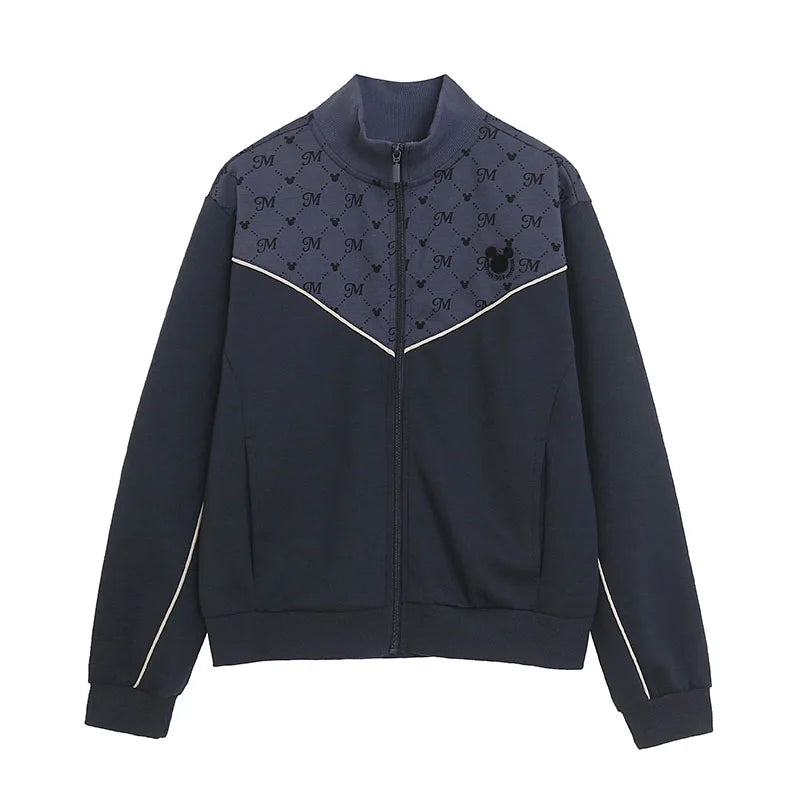 Embroidery Zip Up Sweatshirt Women Casual Stand Collar Bomber Jacket Patchwork Contrast Color Jumper Outwear Top